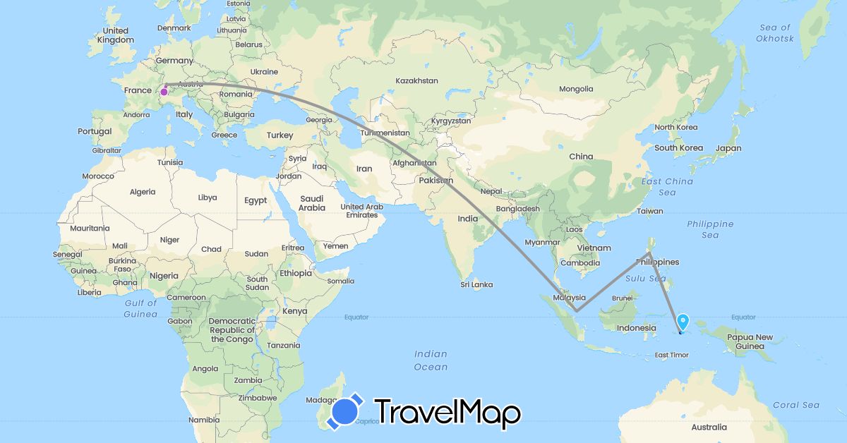 TravelMap itinerary: driving, plane, train, boat in Switzerland, Indonesia, Philippines, Singapore (Asia, Europe)